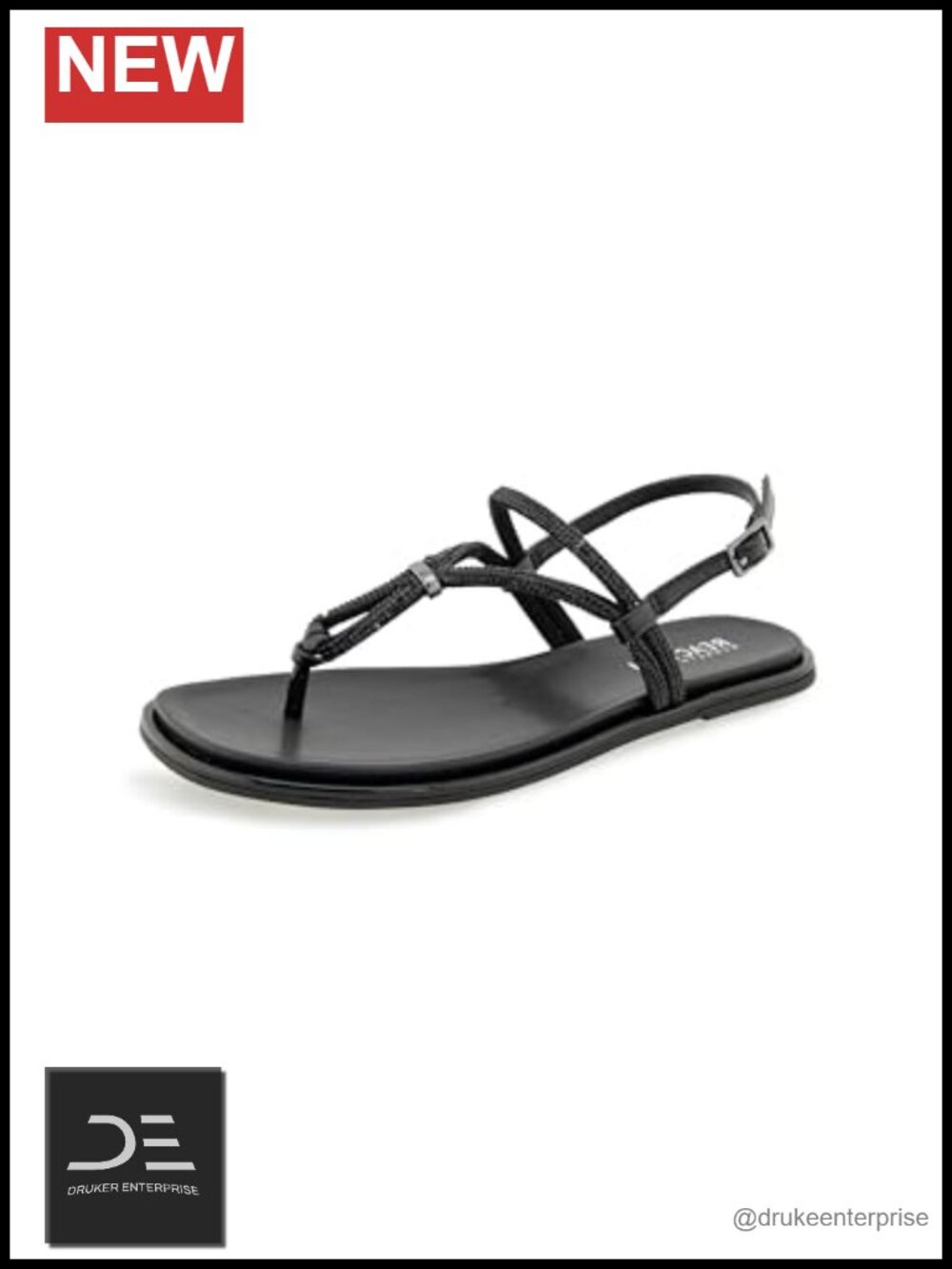 Crystal-Adorned Flat Sandals with Adjustable Ankle Strap Rubber Sole